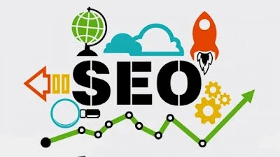 Affordable SEO services illustration with icons of global search, data analysis, rocket growth, and upward trend graph
