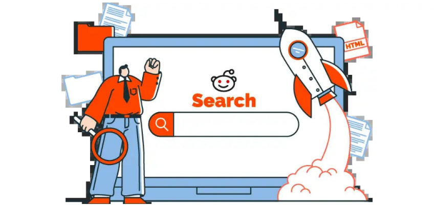 Illustration of a person using Reddit search on a laptop with a rocket launching, symbolizing SEO traffic and growth.