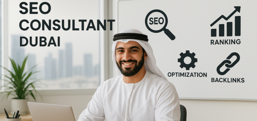 Professional SEO consultant in Dubai wearing traditional attire, working on a laptop in a modern office with Dubai skyline in background and SEO icons for ranking, optimization, and backlinks on whiteboard.