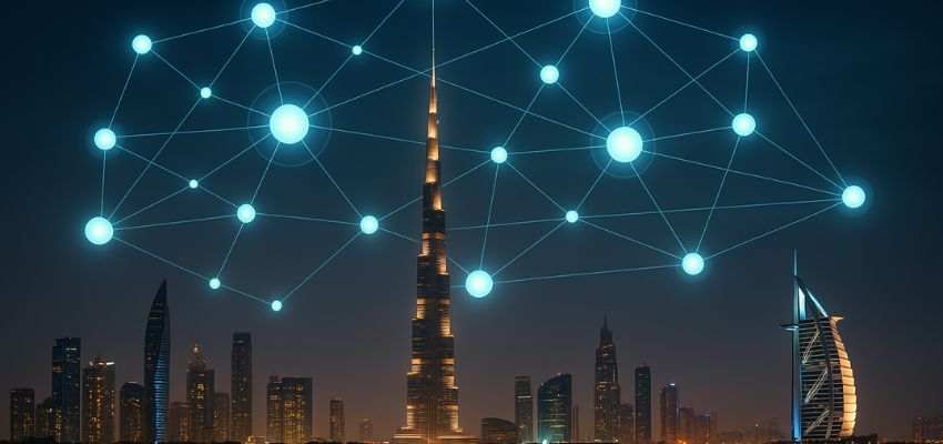 Dubai skyline at night with digital network connections visualized in the sky, symbolizing entity-based SEO and Google’s Knowledge Graph.