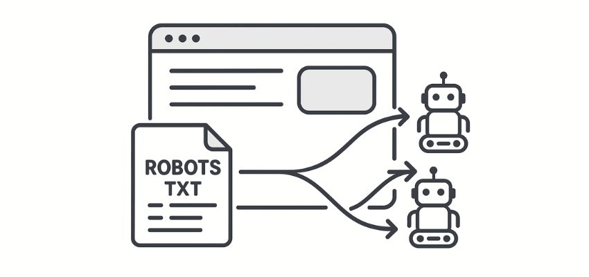 Illustration of robots.txt controlling how search engine bots crawl a website, showing a file directing multiple web crawlers.